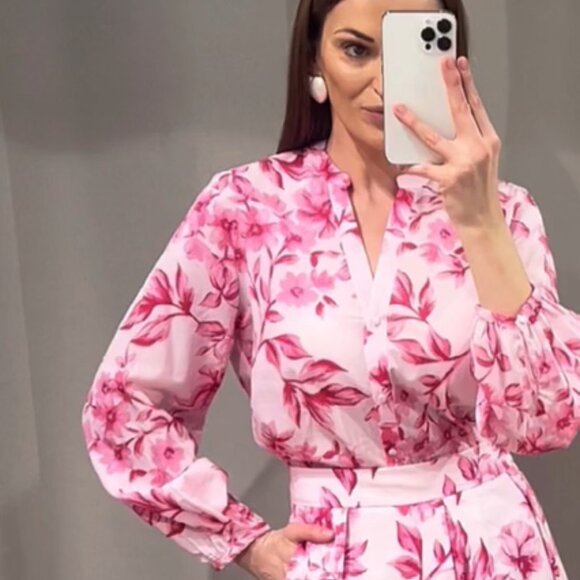 Zara Pink Floral Cotton Blouse (only) - Size L - Picture 2 of 11